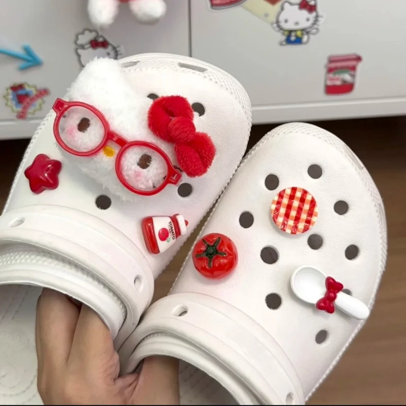 

MINISO Hello Kitty Red Shoe Charms Set Cute Plush Cat with galsses Decorations for Clogs & Sandals Perfect Gift for Boy Girl