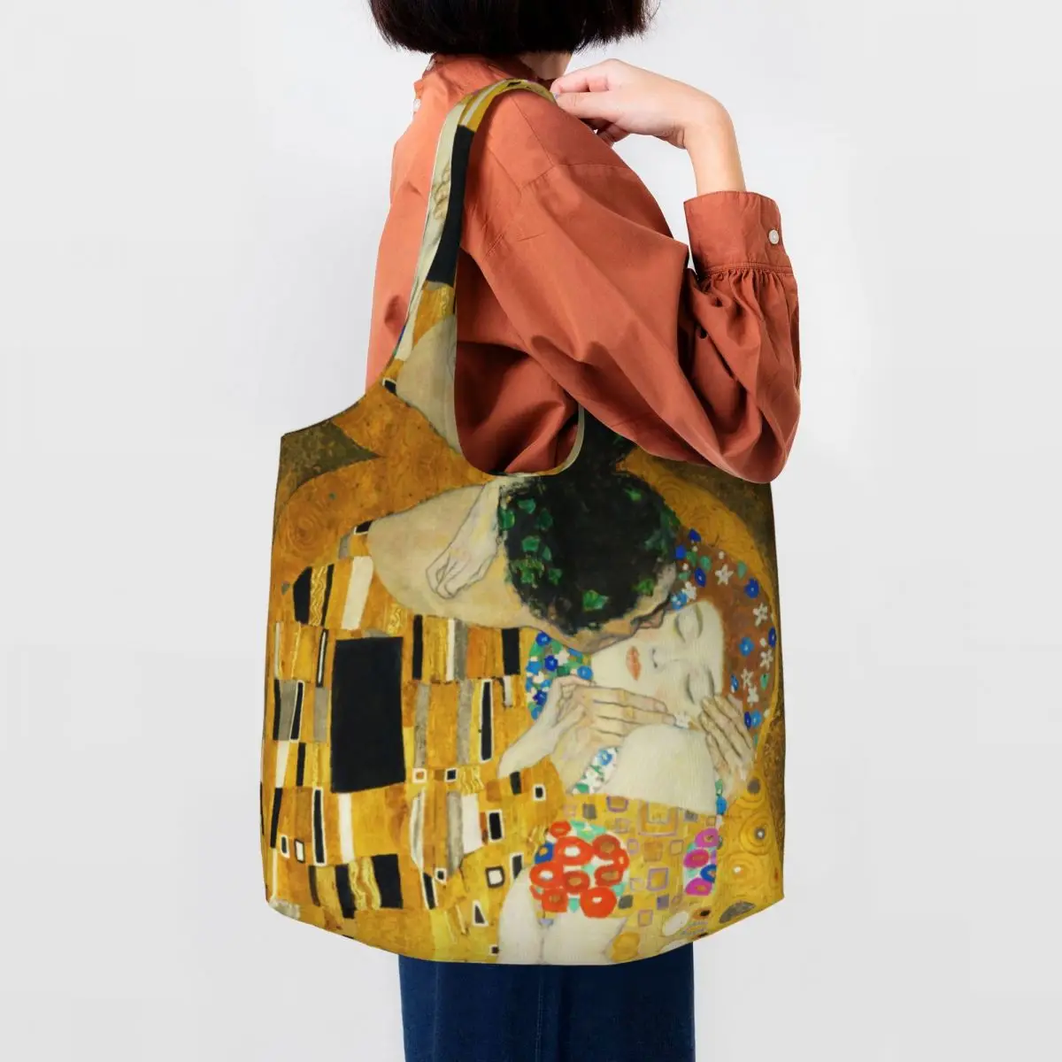 Funny Printing Klimt Kiss Shopping Tote Bag Reusable Canvas Shopper Shoulder Gustav Klimt Freyas Art Bags Photography Handbag