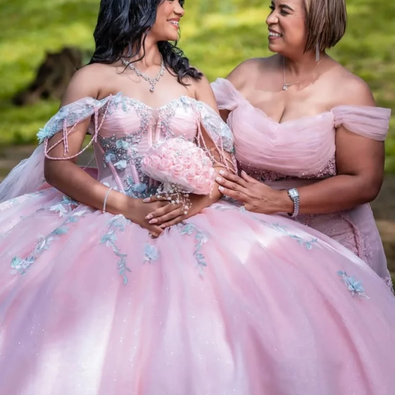 Customized light pink Quinceanera Dresses Off the Shoulder crystal decal Long tail Lace beads flower Vestido 15 Quinceanera