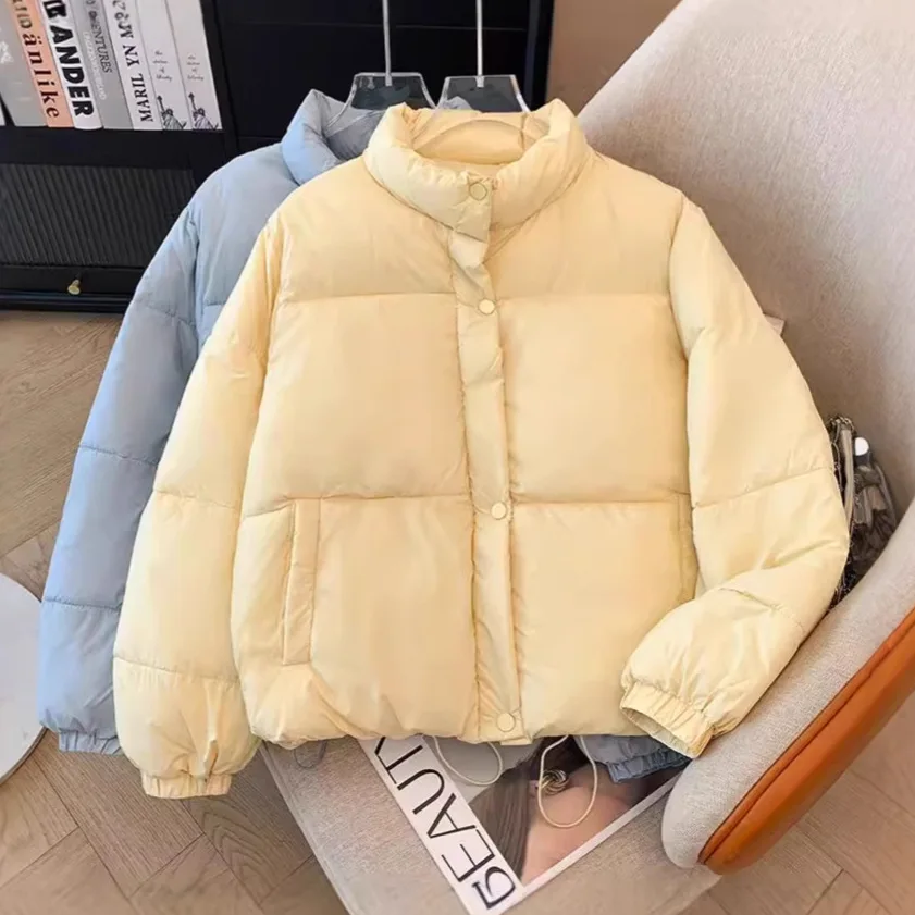 Down Parka Solid Women Parkas Stand Collar Long Sleeve Covered Button Jackets Spliced Loose Pockets Cardigan Zipper Basics