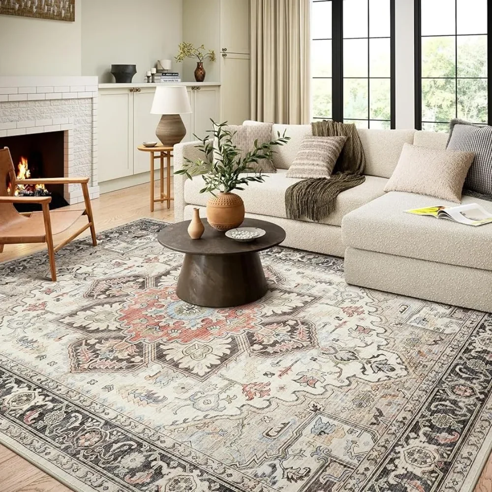 Area Rug Living Room Rugs - 9x12 Boho Soft Machine Washable Rug Oriental Vintage Floral Distressed Rug Floor Mats Carpet Rooms