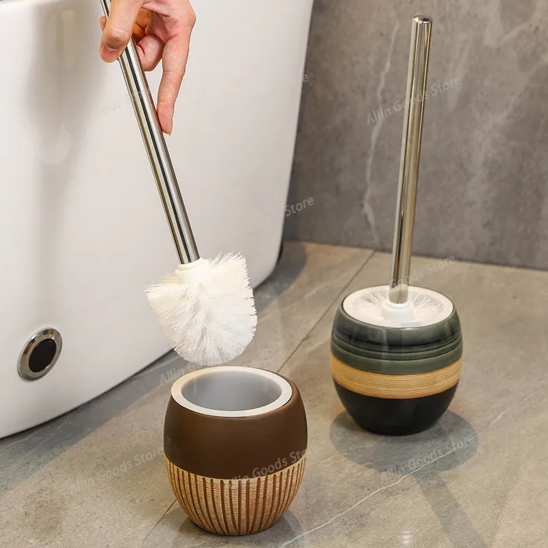 Household bathroom toilet toilet brush, creative retro bottom ceramic seat toilet set, no dead ends cleaning brush