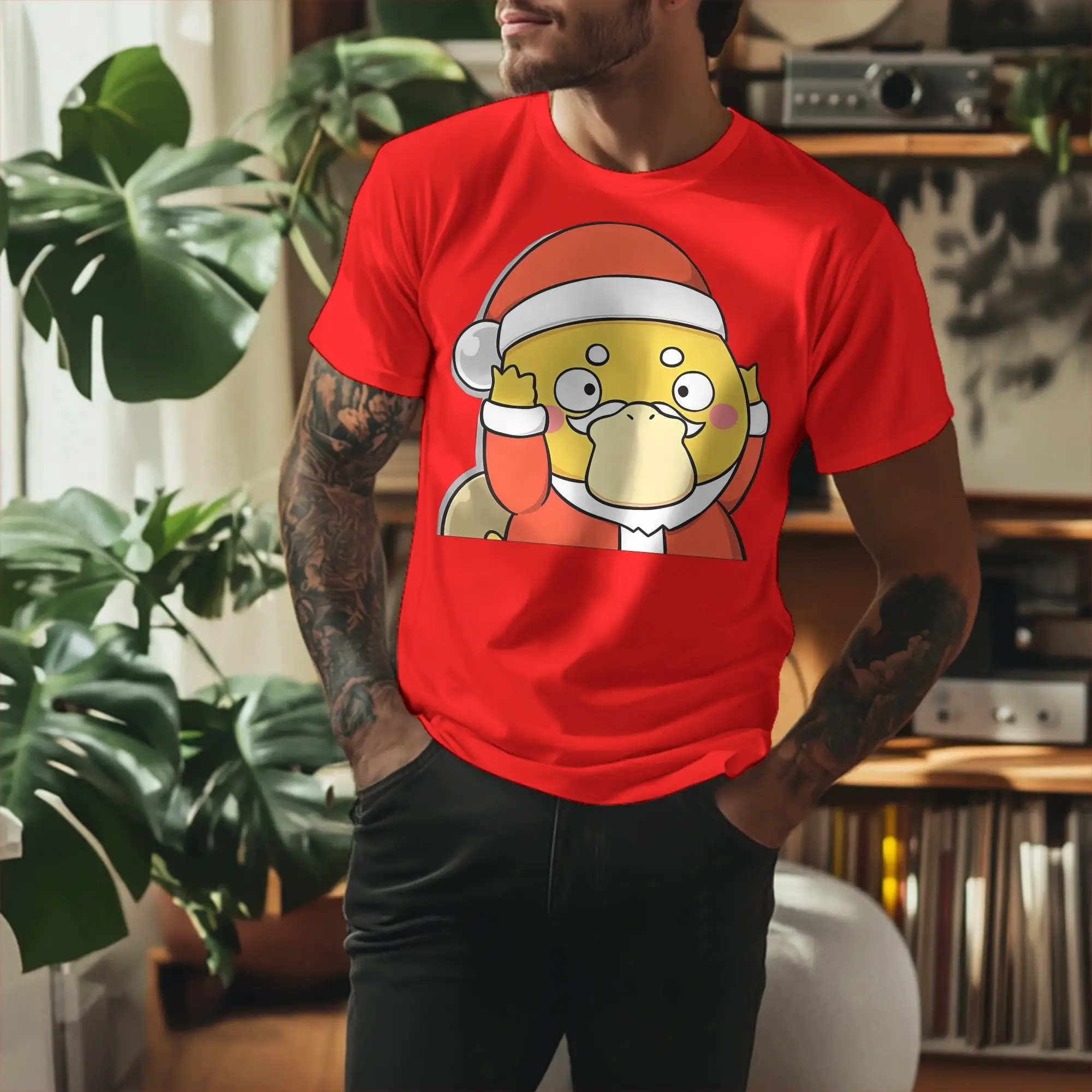 Camiseta masculina e feminina psyduck de natal, camiseta de algodão pokemon, manga curta, gola redonda, camiseta plus size