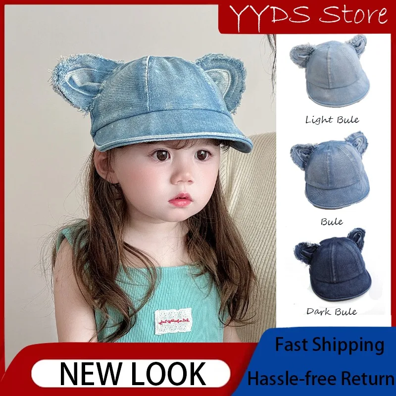 

Baby Washed Denim Sun Hat Spring Summer Big Brim 3D Ear Design UV Protection Baseball Cap for Boys Girls