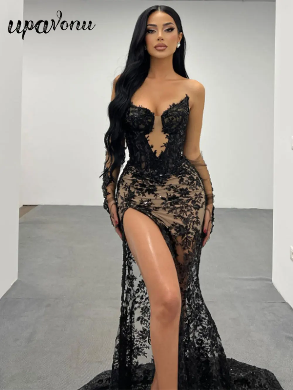 

2024 Sexy Women'S Heavy Industry Sequin Spliced Lace Long Dress With Off Shoulder Straples Gloves Bodycon Dress Party Vestidos