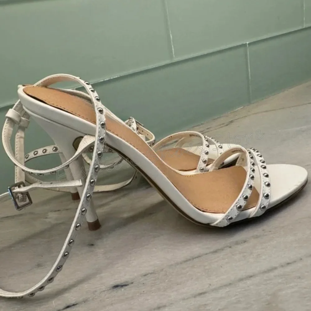 

White Rivet Decor Ankle Strap Sandals Open Toe Stilettos High Heels High Heel Shoes for Women Heels 2025 New Zapatos Para Mujere