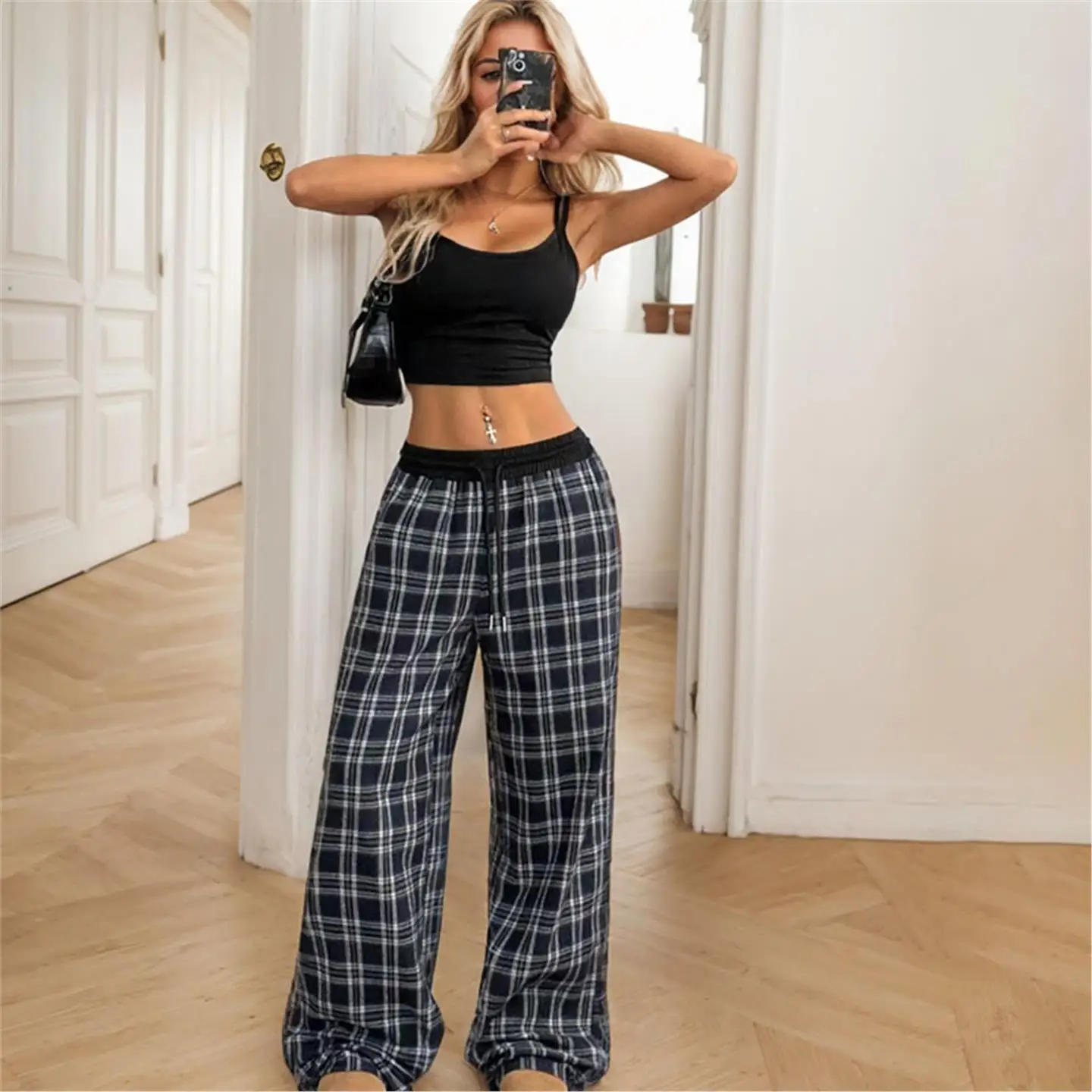 فضفاض عارضة منقوشة المرأة السراويل عالية الخصر مستقيم الساق الأوروبية Sle Faionable الخريف ارتداء للنساء في منتصف العمر #3