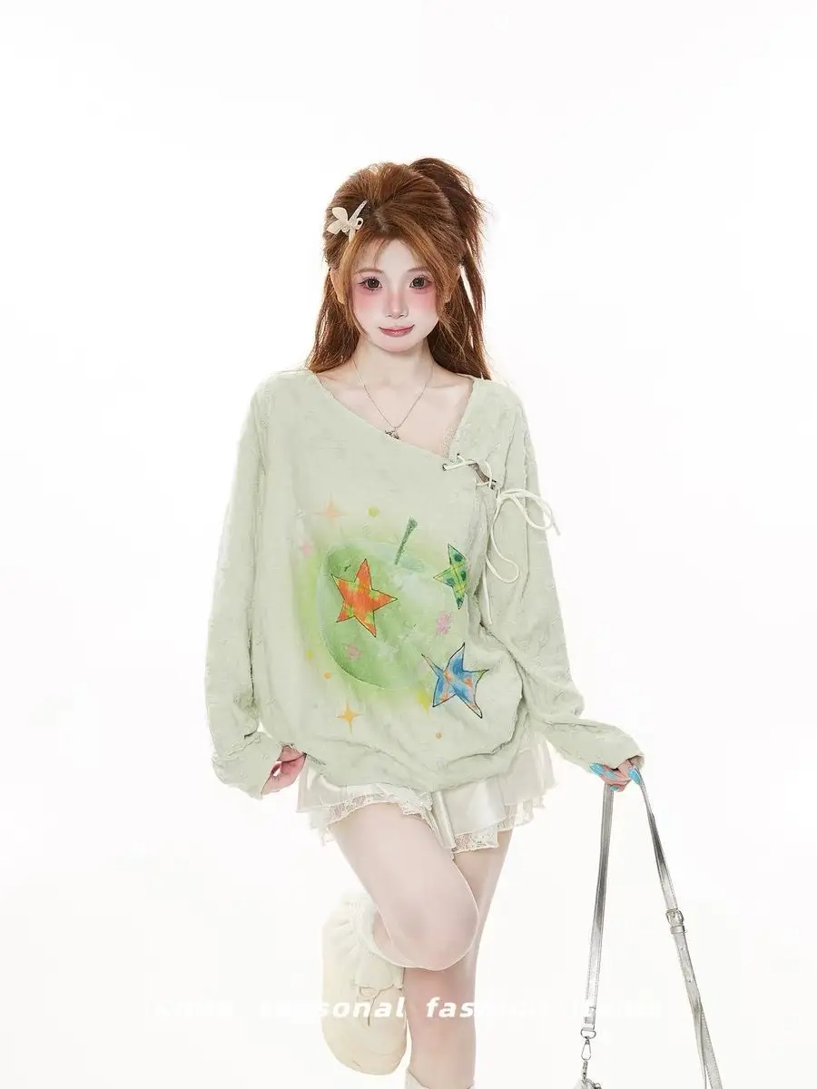 2026 Spring Summer Dopamine Printed Asymmetric One Shoulder Long Sleeve Top Women Tie Up Strappy Cover Up Blouse