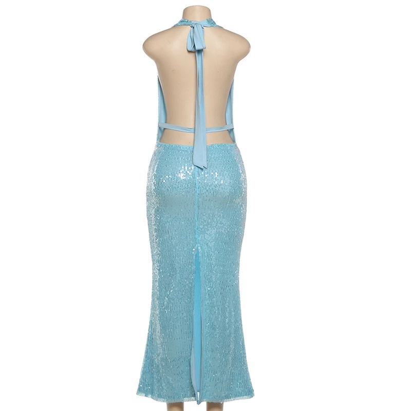 STYLISH LADY Shiny Sequined Backless Dress 2025 Autumn Women Halter Bodycon Blue Sparkly Sexy Club Party Split Maxi Dresses