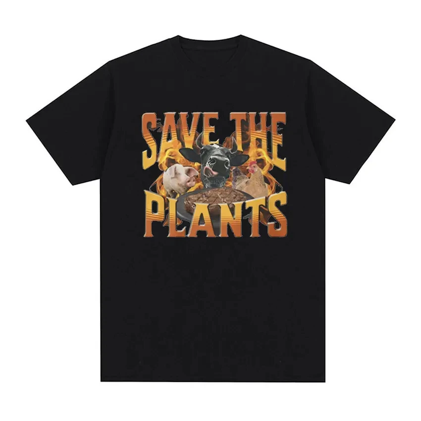 SAVE THE PLANTS Funny Vegan Graphic T Shirt Men Retro Fashion High Quality T-shirts Unisex Casual 100% Cotton Oversized T-shirt