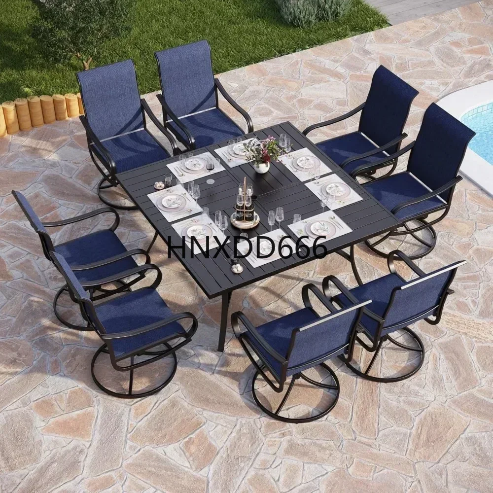 

9 Piece Outdoor Patio Dining Set, Large Square Metal Dining Table and 8 Outdoor Swivel Dining Chairs,Garden Furniture Sets