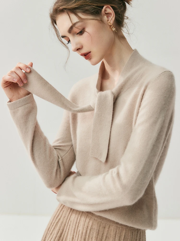 

TLOML Chic Women's 100% Cashmere Sweater Ribbon Pullover Office Lady Basic Grace Cashmere Knitwear Autumn Winter Soft Warm Tops
