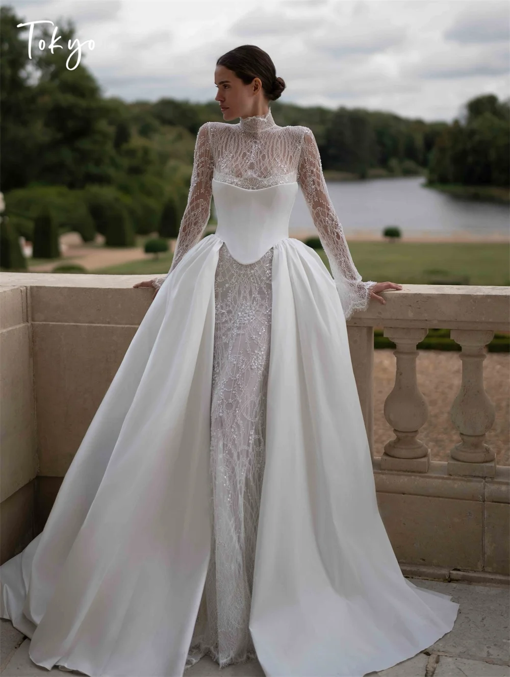 Tóquio personalizado branco alto decote vestidos de casamento mangas destacáveis trem voltar zip vestidos de noiva 2025 sereia vestidos de casamento