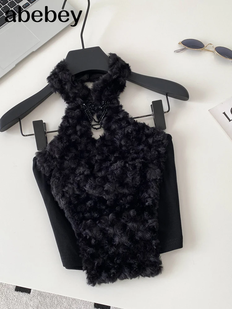 Turtleneck Fur Sexy Club Tank Top Women Fashion Bow Sleeveless Chic Camisole Streetwear Korea Fluffy Backless Mini Top