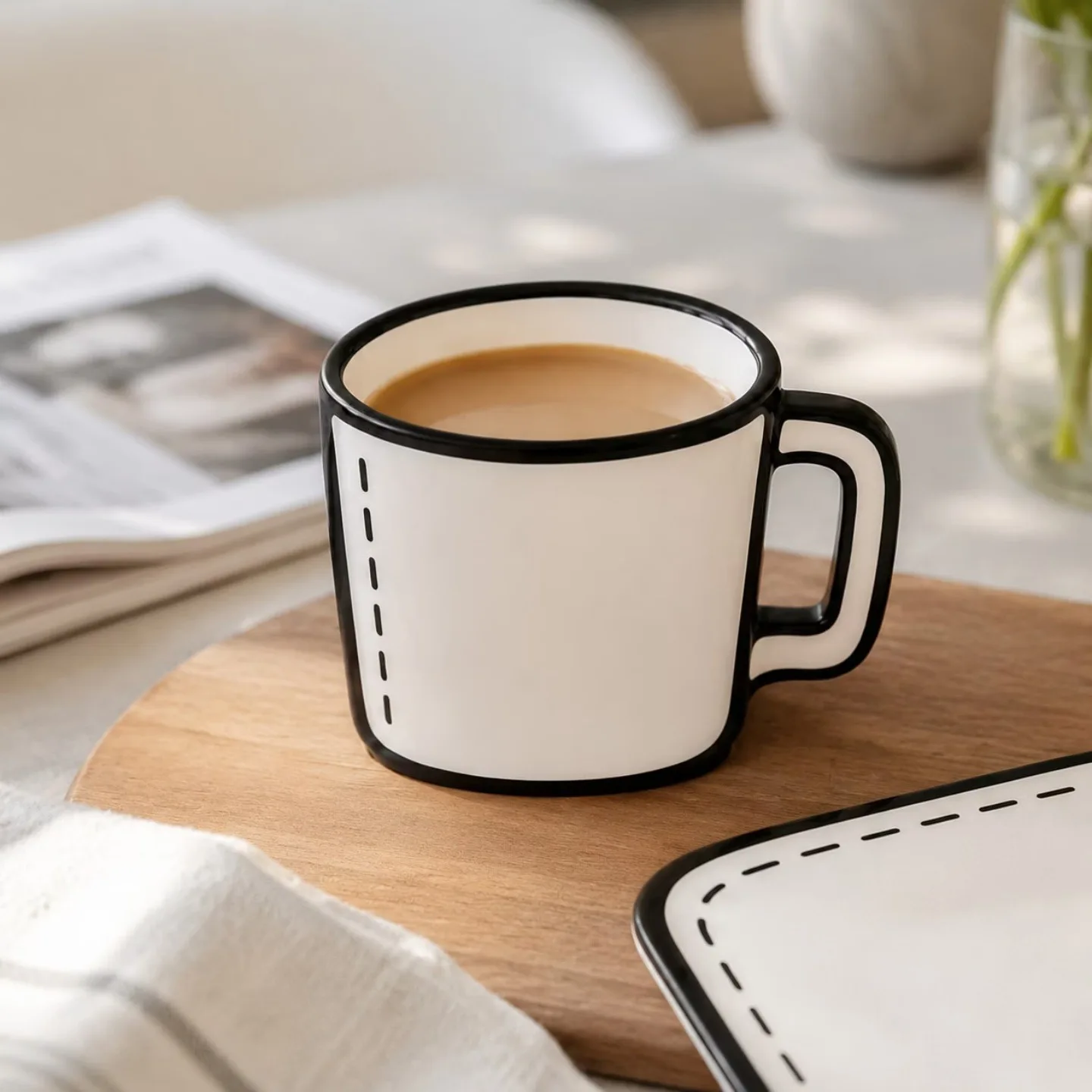 Creatieve 2D-stripmok, blauw en wit, minimalistisch ontwerp, witte keramische beker voor water, ontbijtkoffie, inclusief borden.
