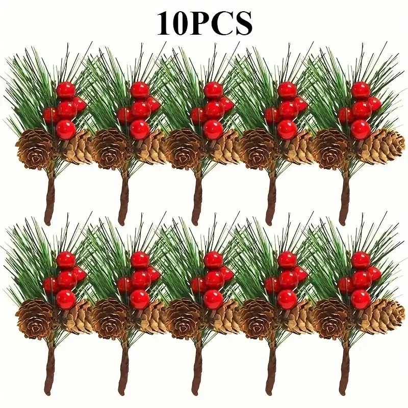 Palillos de bayas rojas artificiales de Navidad, ramas de acebo para decoración de árbol de Navidad, ramas de aguja de pino, accesorios para manualidades, 10 piezas