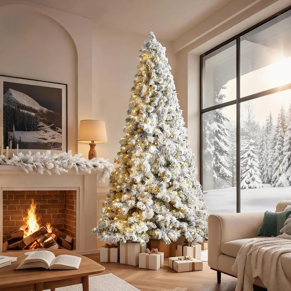 

9ft Prelit Christmas Tree, Flocked Full Spruce Artificial Christmas Trees with 1496 PVC Branch Tips, Snowy Luxe Spruce