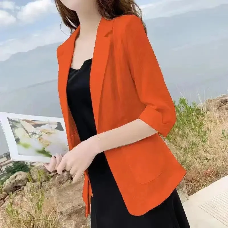 British Style Women Linen Small Suit Jacket 2024 Spring Summer Leisure Short Large Size Small Blazer Sunscreen Clothing Top Coat