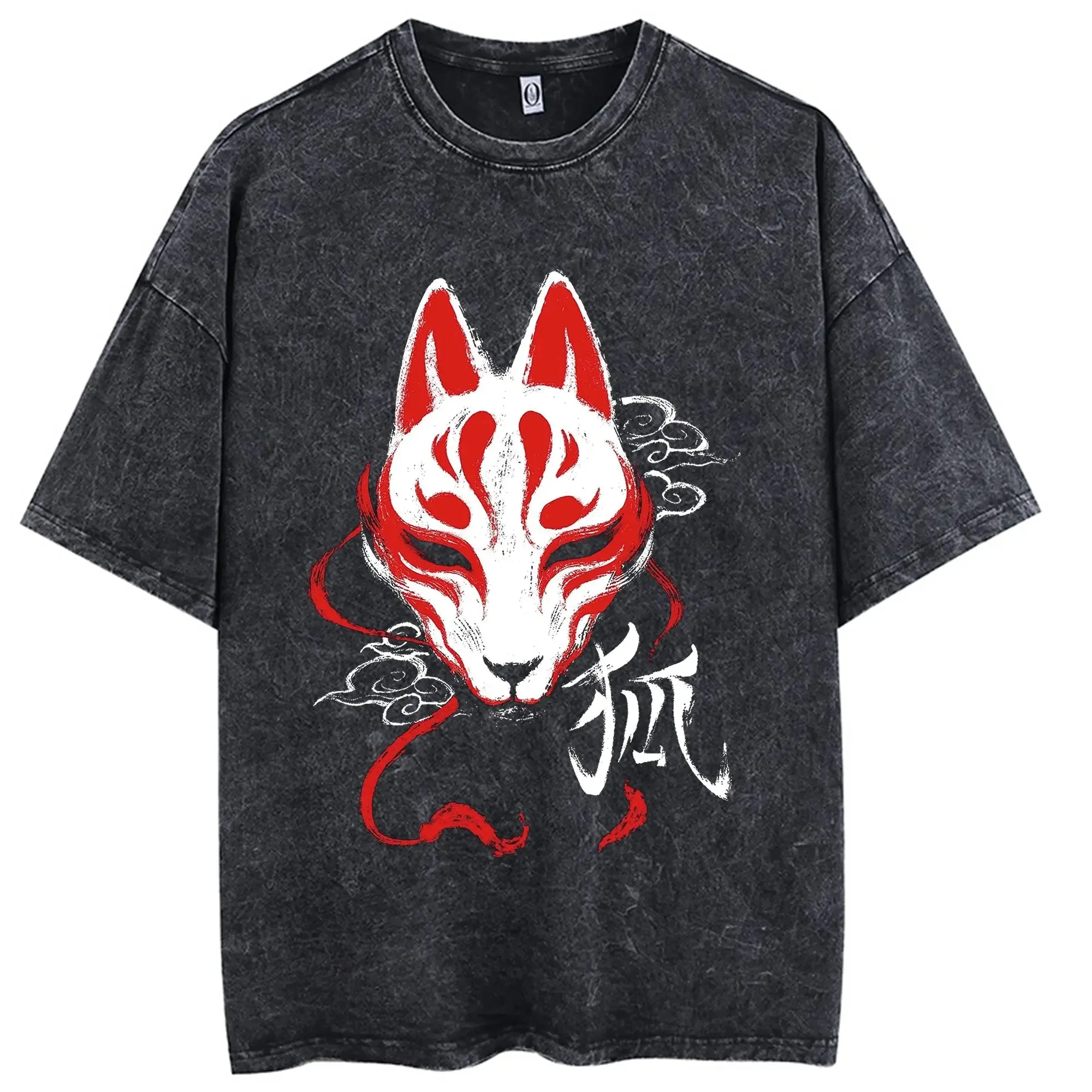 Anime Print Japanese Manga Wash T-shirt Old Cotton Short Sleeves Retro Harajuku Top Unisex Men's Street Clothing Free Delivery