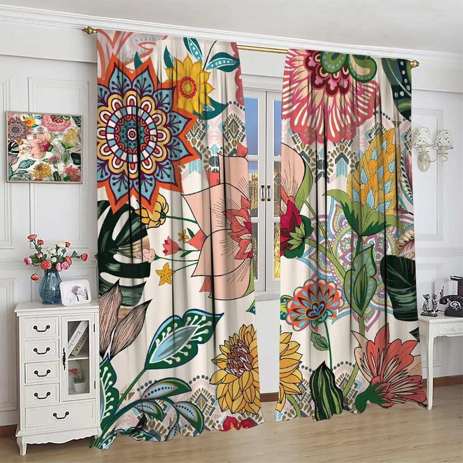 Boho Floral Curtains Rustic Bohemian Flower Colorful Mandala Plants Botanical Spring India Aesthetic Art Printed Living Room