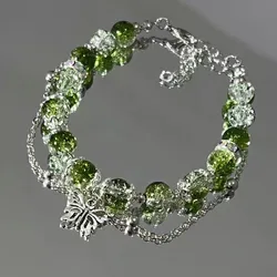 Korean Fashion Green Crystal Beads Bracelet for Women Girls Sweet Cute Lotus Feather Tassel Charm Bracelet Party Wedding Jewelry