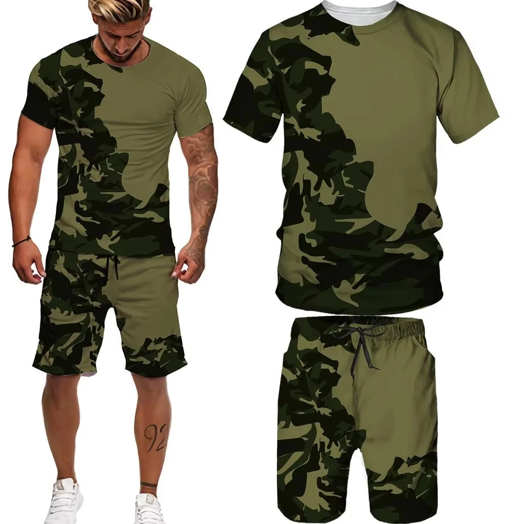 3D Druck Camouflage Sommer Männer T shirt Set Kind Trainingsanzug Anzug Im Freien Frauen Übergroßen Casual Shorts 2PCS Outfits Männer trainingsanzug