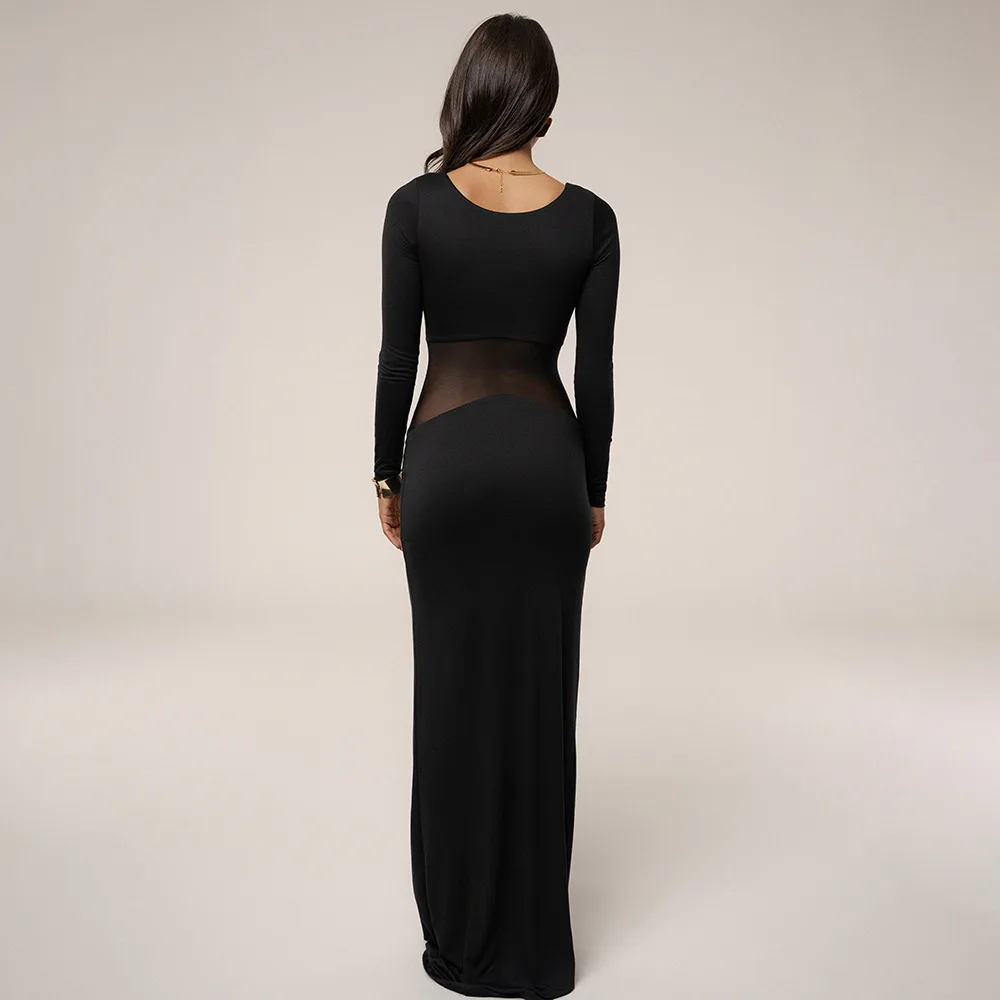 Apprabant Sexy Mesh Sheer Patchwork Maxi Jurk Vrouwen Effen Kleur Vierkante Hals Strakke Fit Elegante Jurk 2025, Herfst Winter Partywear