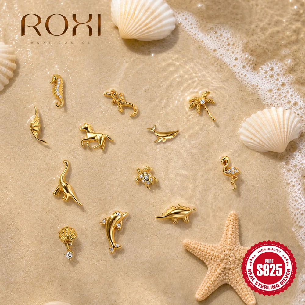 Boucles d'oreilles ROXI en argent sterling 925, plaquées or 18 carats, série Océan, dauphin, coquillage, tortue, hypoallergéniques, pour femmes, pour les fêtes
