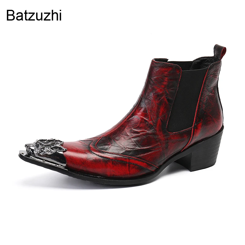 Batzuzhi 2022 New Design Boots Men Iron Metal Toe Genuine Leather Ankle Boots Men Wine Red Party & Wedding Botas Hombre, 38-47