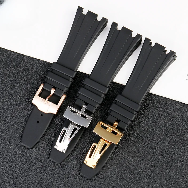 Para Ap Royal Oak Offshore Waterproof 15400/26470/15703 Dupla Fivela De Aço Côncava de Borracha Silicone Black Watch Strap