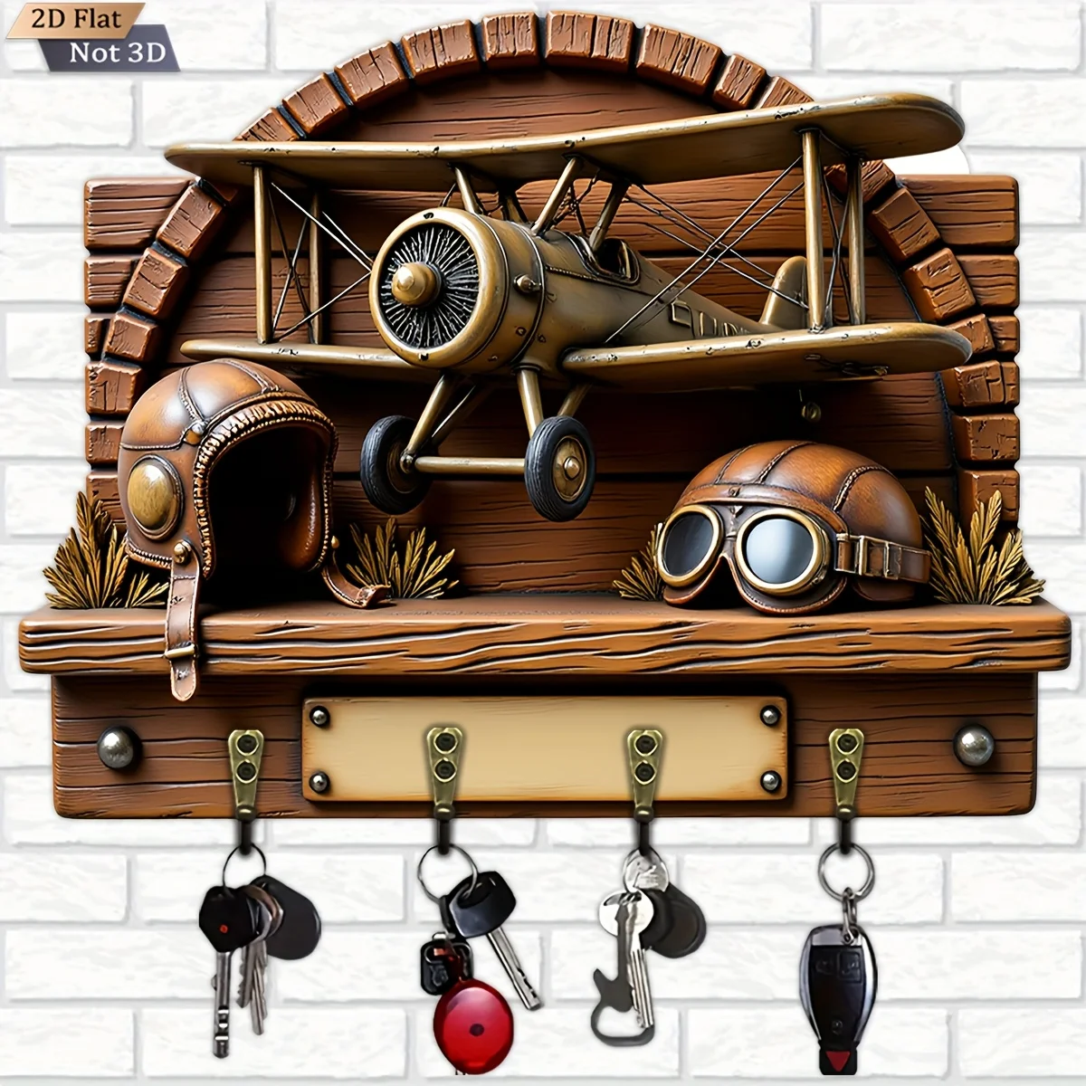 2D Flat, 1pc, Retro Airplane Shaped Key Hook Wooden Multifunctional Home Key Holder with Four Metal Hooks, Wall Decoration,