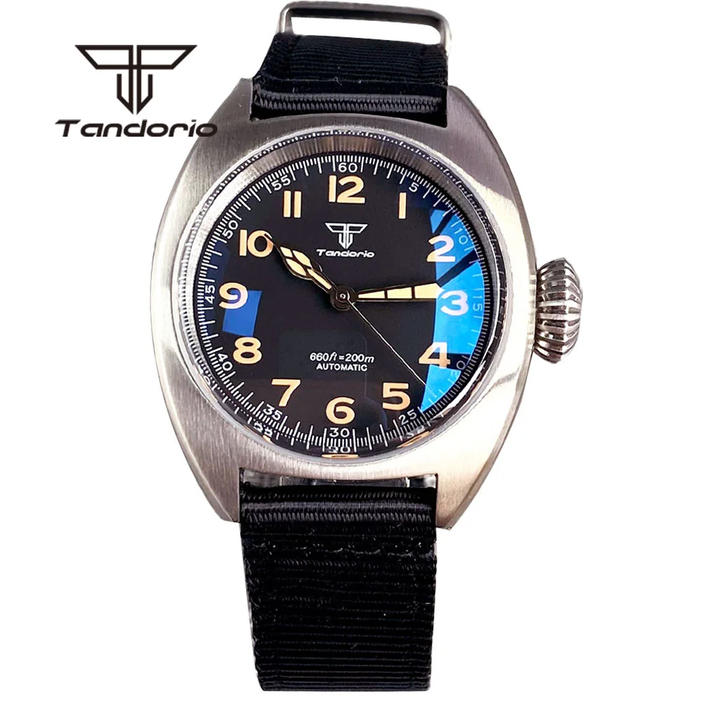 Tandorio Double Domed AR Sapphire 36mm 200M Automatic Dive Watch for Men Lady Luminous Black Dial Nylon Strap NH35A PT5000