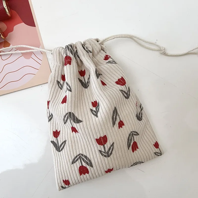 Small Floral Print Cosmetic Storage Drawstring Bag Mini Drawstring Makeup Lipstick Bag Cloth Travel String Bag Pouch for Woman