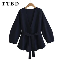 TTBD 2024 New Autumn Woman's Casual V-Collar Blazer Coat Women Clothing Fashion Long Sleeve Solid Color belt Loose Fit Top