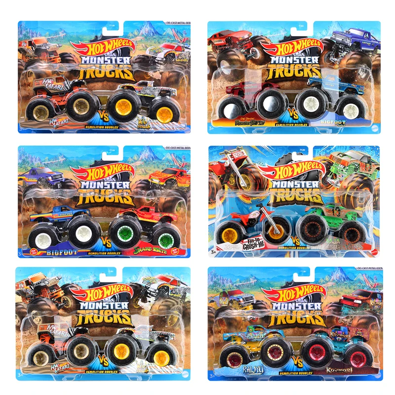 Hot Wheels Monster Trucks 1:64 Scale Demolition Doubles Diecast Car 2-Pack Donkey Kong Vs Bowser Boys Car Toys Gifts FYJ44