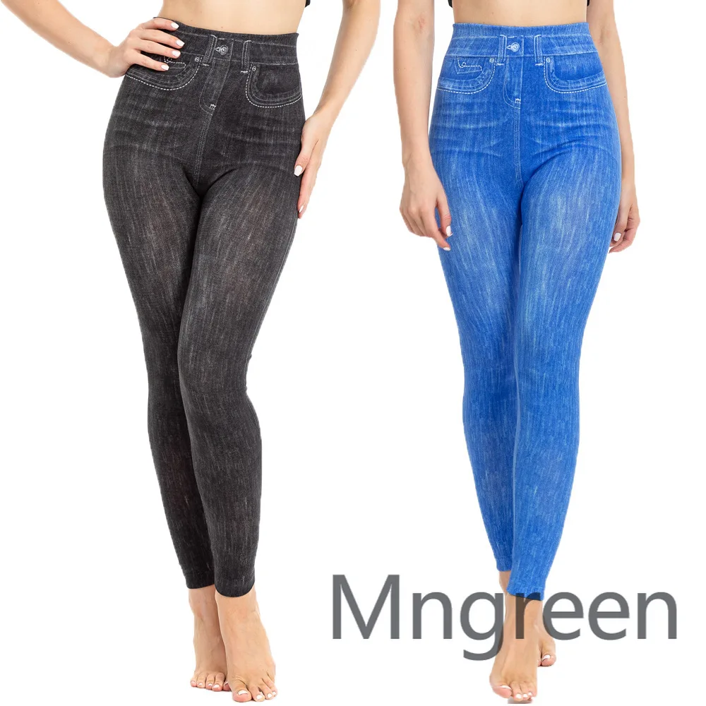 

2025 new fashionable European and American vertical print imitation denim leggings for women, sexy slim nine-point peach hip leg