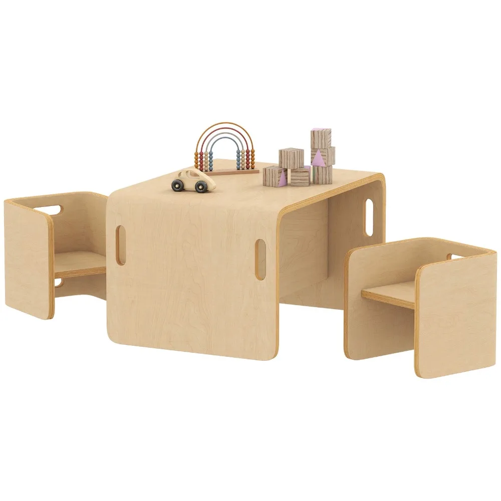 Kids Table and Chair Set, Wooden Activity Table with Chairs, Natural