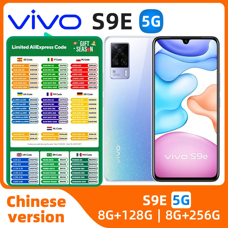 Vivo s9e 5g smartphone cpu dimensão 820 amoled 90hz tela de 6.44 polegadas 64mp câmera 33w carregamento android original usado telefone