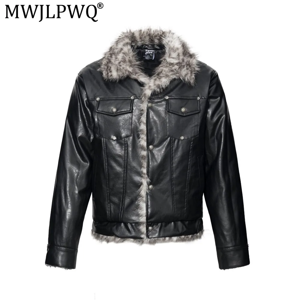 MWJLPWQ Men's Winter Punk-Style PU Leather Jacket Integrated Fur Collar Style Design Warm Cold-Resistant Suitable Tops 21382