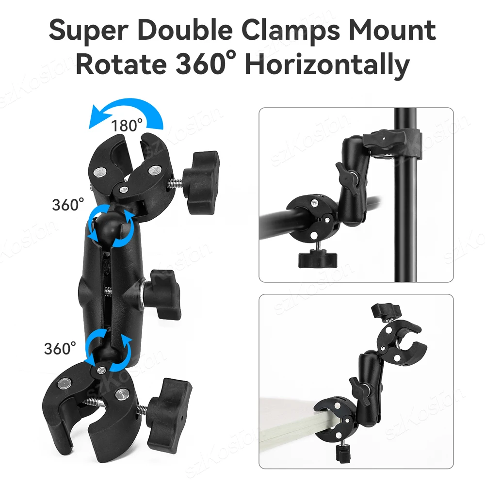 Super Camera Clamp Mount Double Socket Arm Ball Head Adapter GoPro 13 12 11 10 9 DJI Action 4 Insta360 X4 Digital Camera Monitor