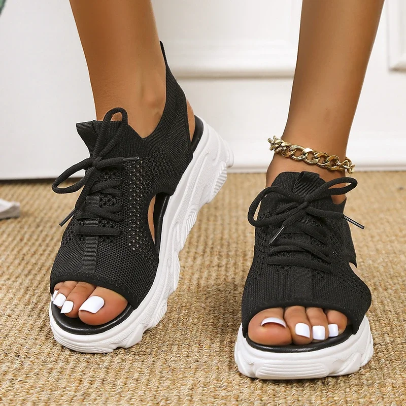 Mesh Women Sandals Summer Shoes for Women Trend Lace-up Platform Sandals Open Toe Beach Casual Heeled Sandals