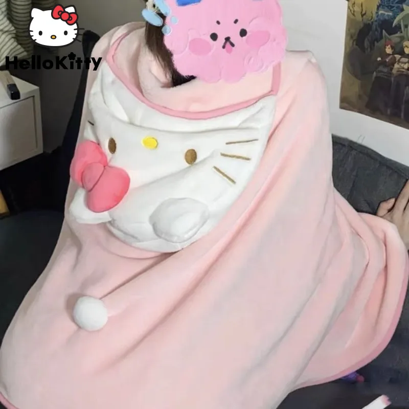 Sanrio Hello Kitty Cute Shawl Sleepwear Women Y2k Winter Air Conditioning Blanket For Home Dormitories Clothing Accessories Gift