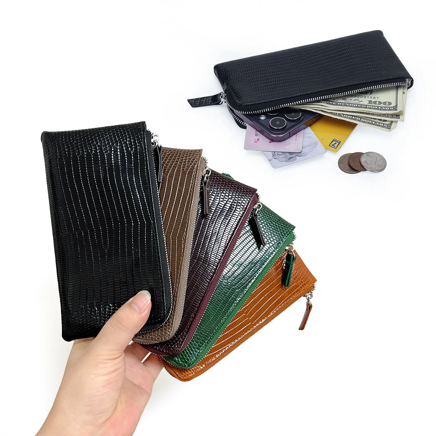 Elegant Lizard Grain Leather Long Wallet Large Opening Design Slim Purse Multi‑Slots Pouch for Cash Cards Smartphone Storage