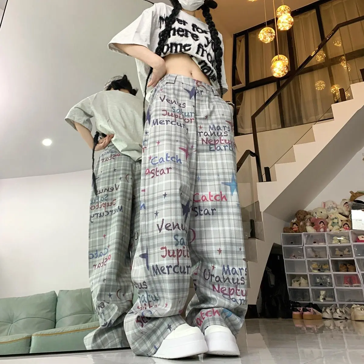 Broek Letter Graffiti Ster Geschilderde Casual Broek Retro Vrouwen 2024 Lente En Zomer Nieuwe Hoge Taille Rechte Broek Met Wijde Pijpen