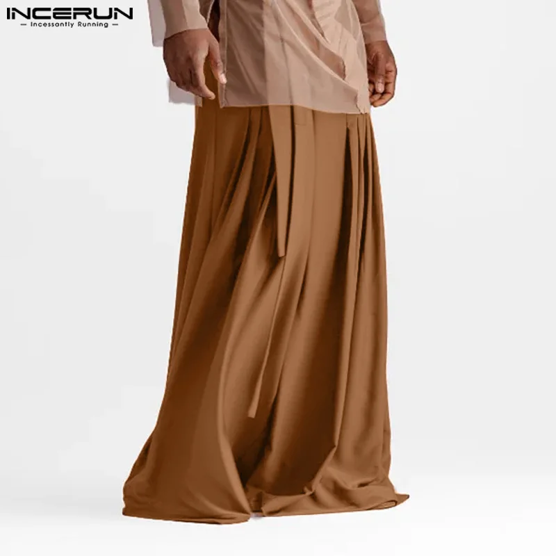 2025 Men Wide Leg Pants Solid Color Lace Up Pleated Loose Trousers Men Streetwear Joggers Fashion Casual Male Long Pants INCERUN