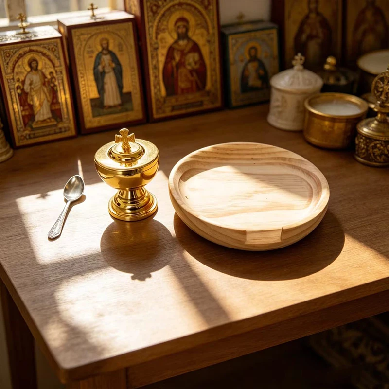 Orthodoxes Altar-Set: Goldener Metall-Weihwasserbehälter mit Löffel, Holztablett, Liturgischer Kelch, Ziborium – Byzantinische Kirchenbedarfsartikel als Geschenk – Detail 4