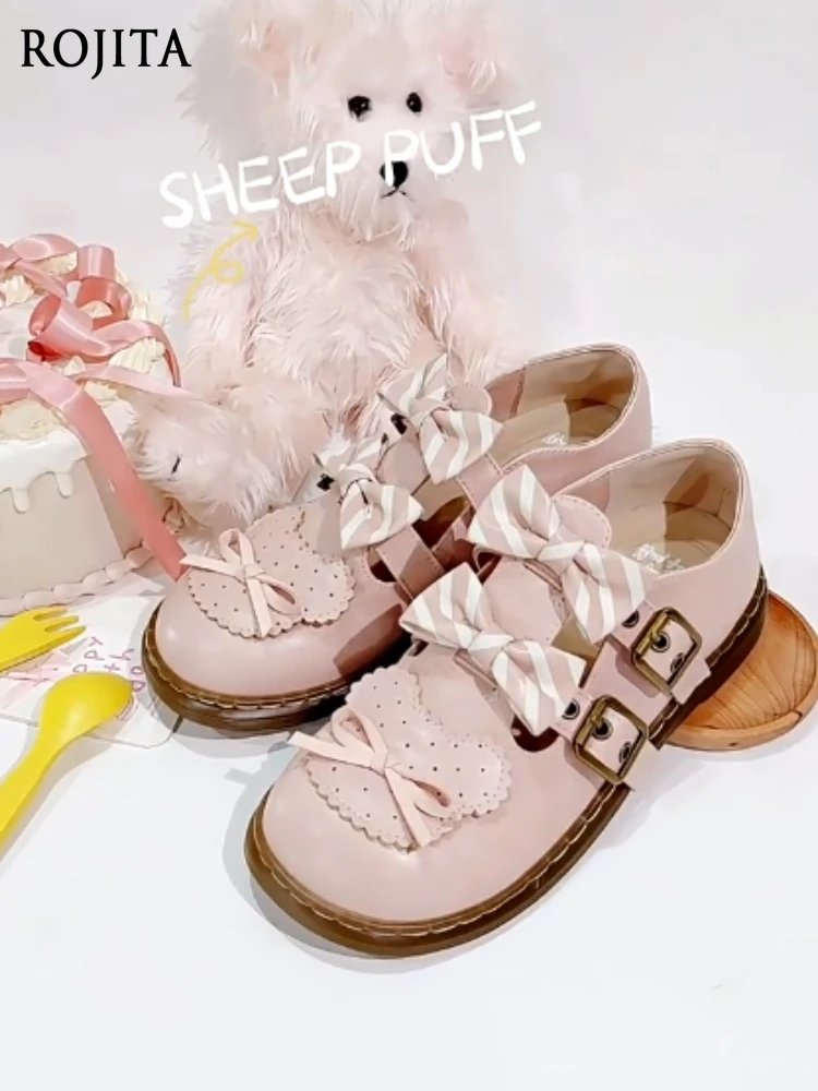 

Pink Round Toe ShoesLolita Sweetheart Flat Leather Shoes with Rubber Sole Sweet Striped Bowknot Leather Shoes Japanese Style