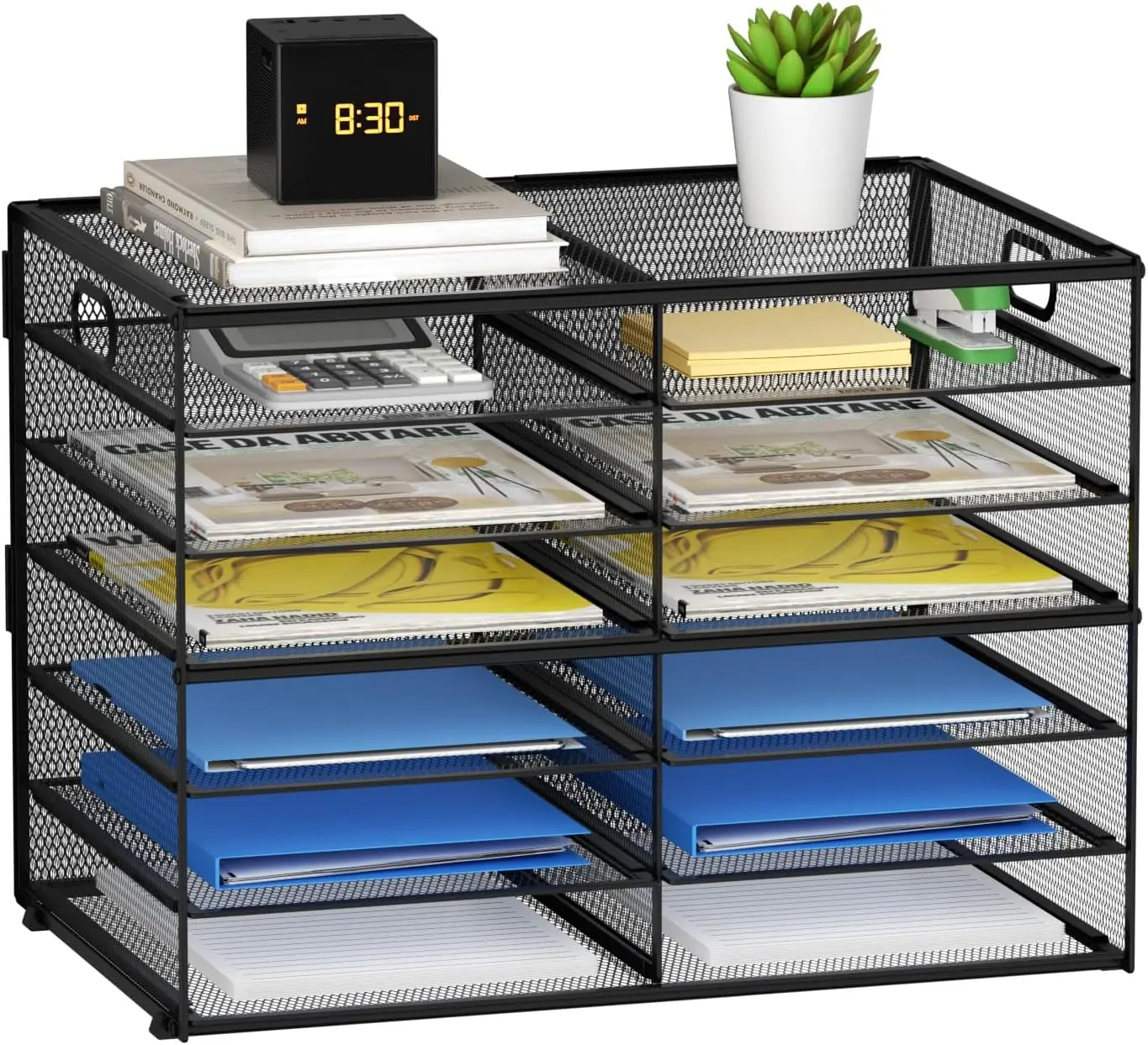 

12 Compartments Mesh Paper Organizer with Handle, Desktop Mail File Sorter Tray for Office Classroom Home in Black