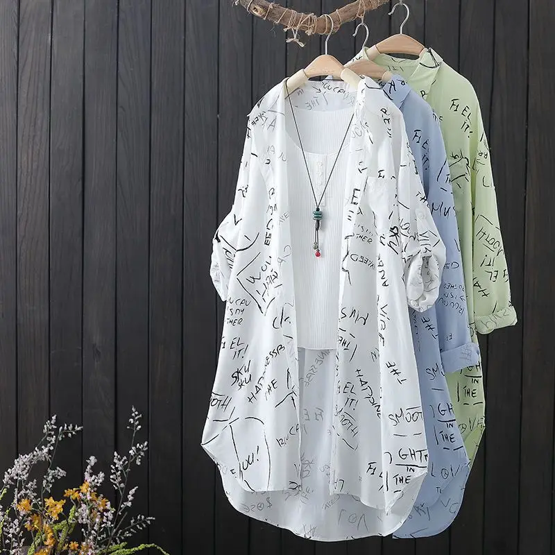 

Letter Printing Midium And Long Shirt New Long-Sleeved Summer Wear New Casual Cardigan Jacket Sun Protection Women's Beach