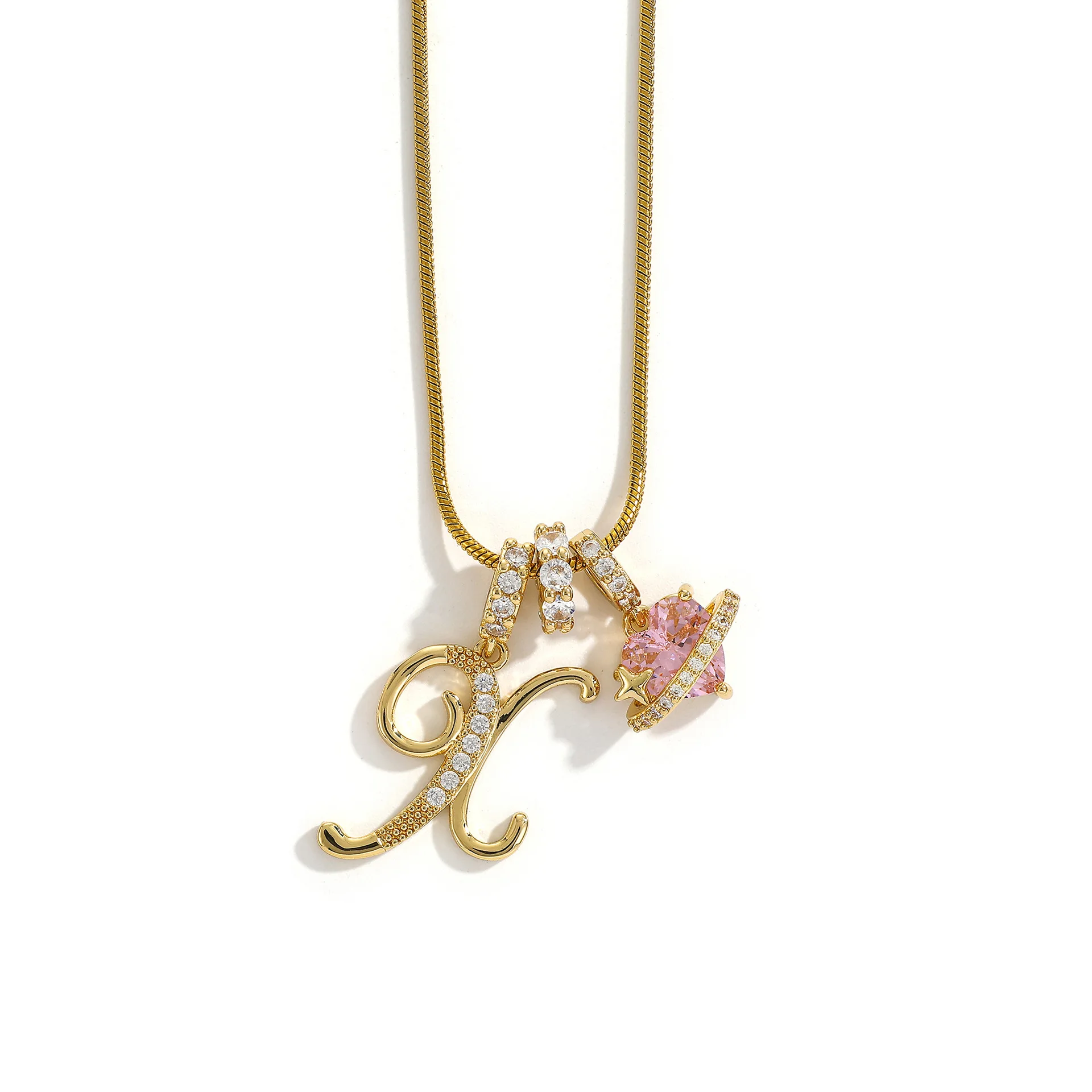 Women's A-Z Initial Letter Pendant Necklace Snake Chain Initial Alphabet CZ Pink Heart Necklace Adjustable Size Hypoallergenic